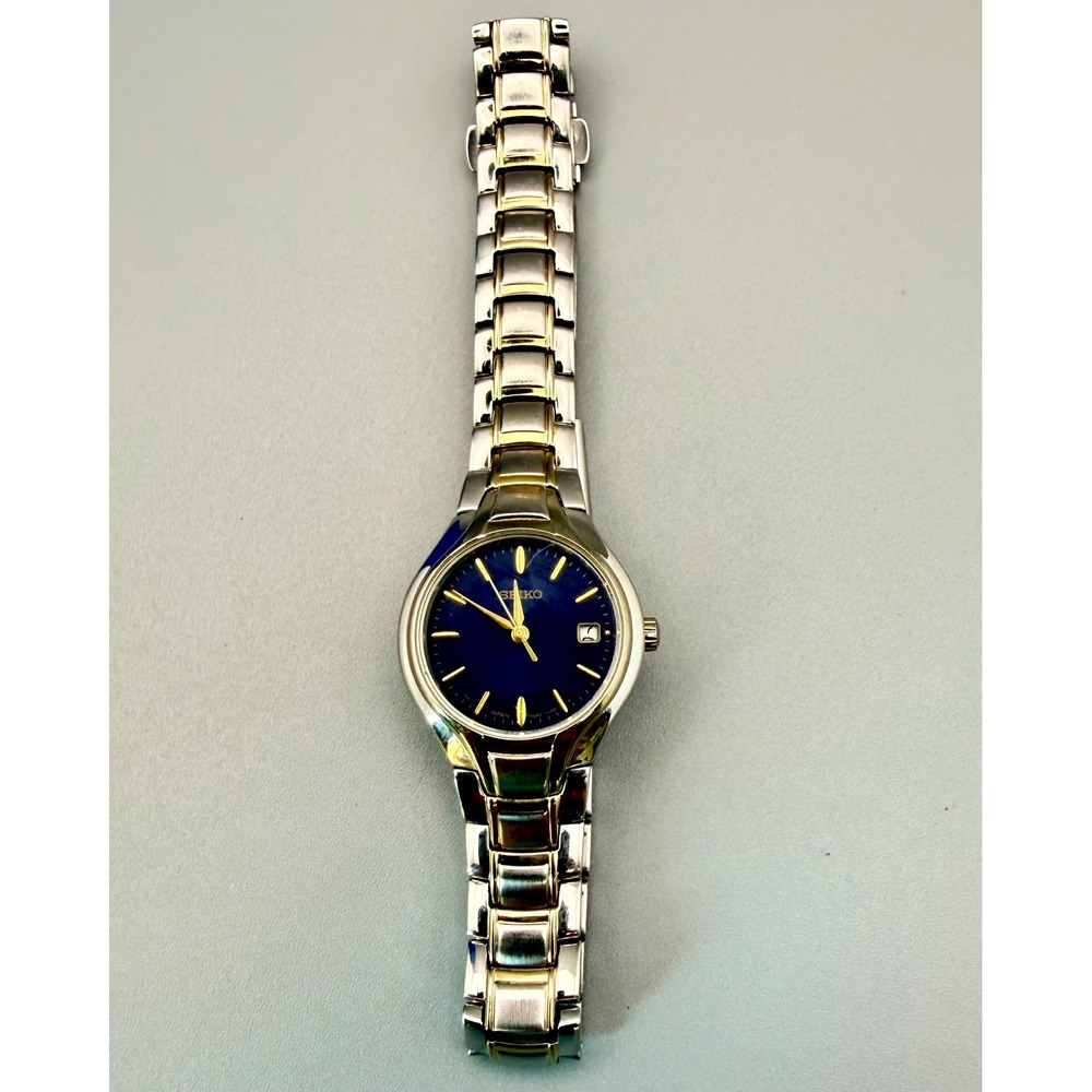 Seiko 7N82-0DR0 Women's Watch Blue Dial Two Tone Quartz Date Working